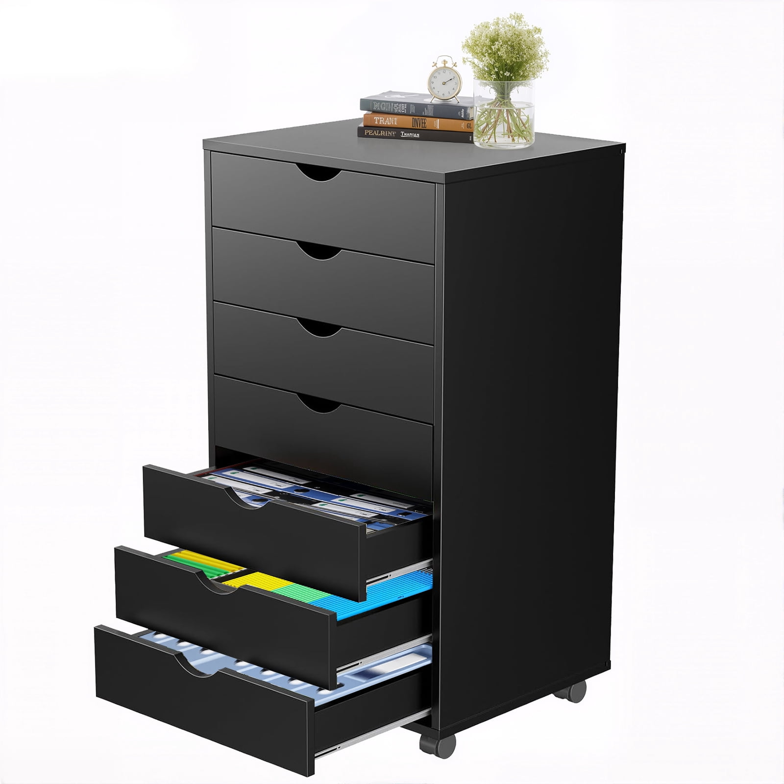 Sybels 7-Drawer Rolling Storage Cart, Mobile File Cabinet & Organizer Dresser with Wheels for Home Office, Wood Chest, Black
