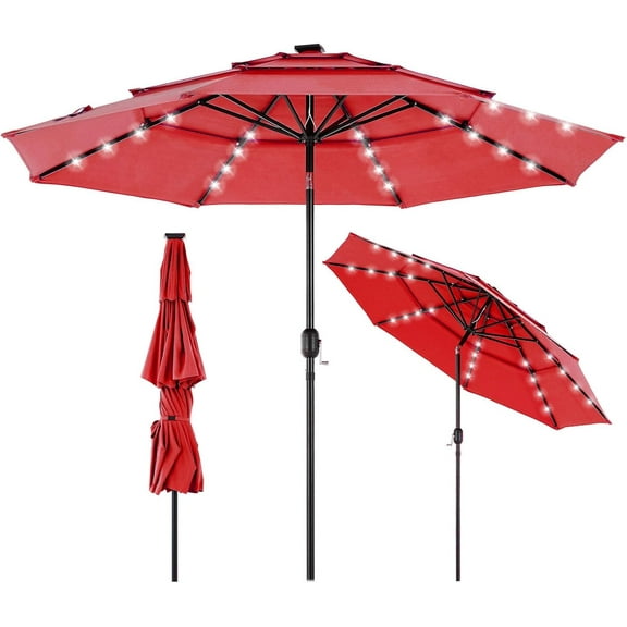 Sybels 9.2FT Solar Patio Umbrella with 32 LED Lights, 3-Tier Tilt, Outdoor Market Umbrella for Backyard, Beach, Garden, Red