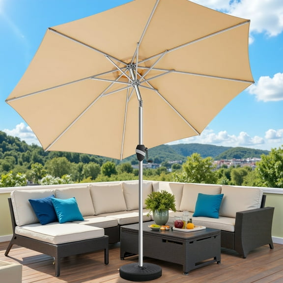 Sybels 9FT Outdoor Patio Umbrella, Push Button Tilt & 5-Year Aluminum Fade Proof for Pool, Deck, Garden, Khaki