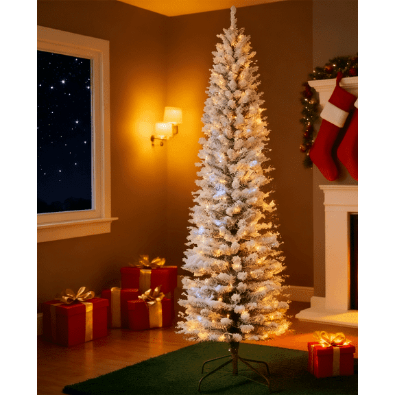 Sybels 9ft Slim Snow Flocked Pencil Tree with Warm White Lights | Pre-Lit Artificial Tree with Snowy Branch Tips for Holiday Decor