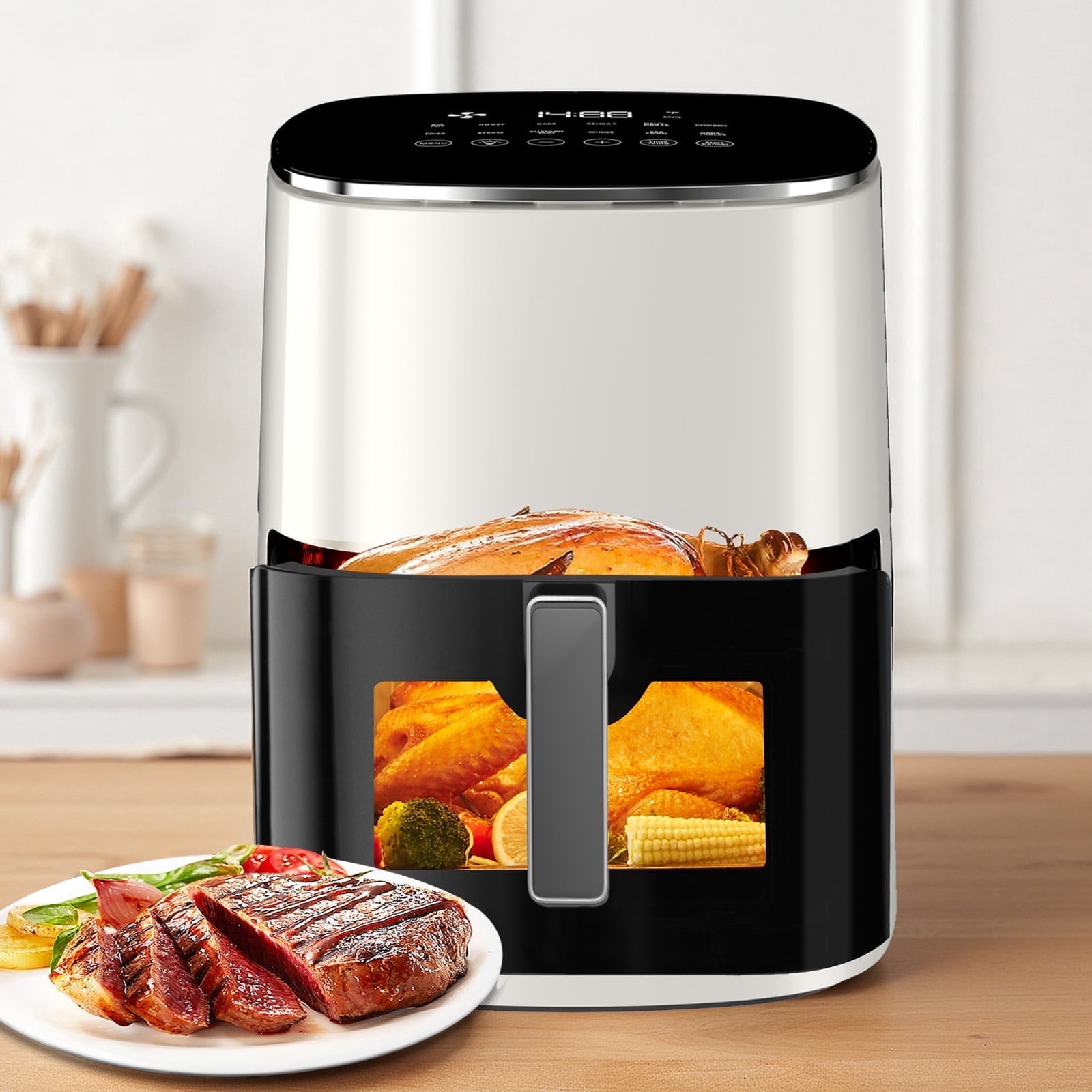 Sybels Air Fryer with Viewing Window, 6-Quart 12-in-1 Multi-Function Appliance for Air Frying, Roasting, Baking & Dehydrating, Beige
