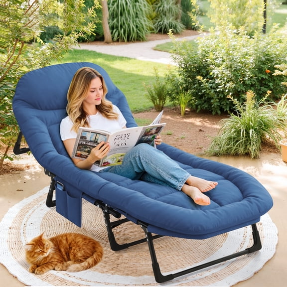 Sybels Deluxe Folding Camping Cot with Headrest and Mattress, Comfortable Portable Bed for Travel, Camping, Home, Heavy Duty Steel Frame, Blue