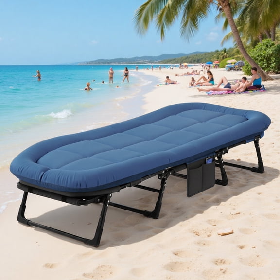 Sybels Deluxe Folding Camping Cot with Headrest and Mattress, Comfortable Portable Bed for Travel, Camping, Home, Heavy Duty Steel Frame, Blue