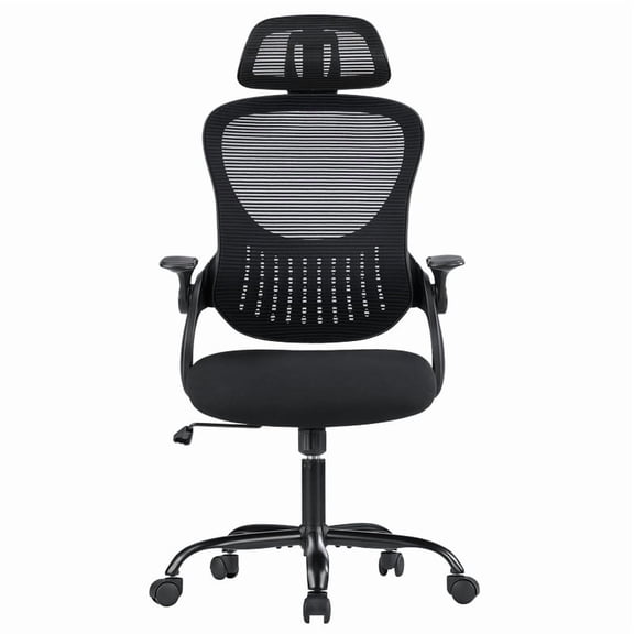 Sybels Ergonomic High Back Mesh Office Chair - Adjustable Headrest & Lumbar Support, Flip-Up Arms, 360° Swivel with Rolling Casters for Home Office, Black