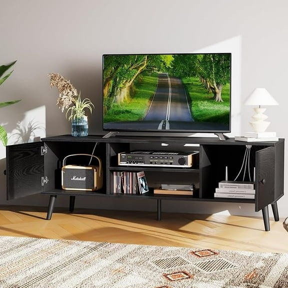 Sybels Solid Wood TV Stand for 55-60 inch TVs – Mid-Century Style Media Console with Soft-Close Cabinets, for Living Room, Office, Black