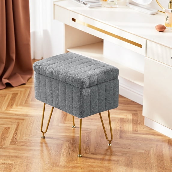 Sybels Storage Vanity Stool with Plush Faux Fur, Adjustable Anti-Slip Makeup Ottoman Bench,Gray