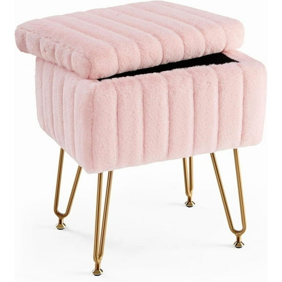 Sybels Storage Vanity Stool with Plush Faux Fur, Adjustable Anti-Slip Makeup Ottoman Bench，Pink