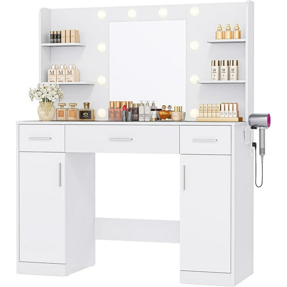 Sybels Vanity Desk with LED Mirror & Power Outlet, Makeup Dressing Table with 10 Lights, 3 Color Modes, Adjustable Brightness, 3 Drawers, 2 Cabinets & 4 Shelves for Bedroom