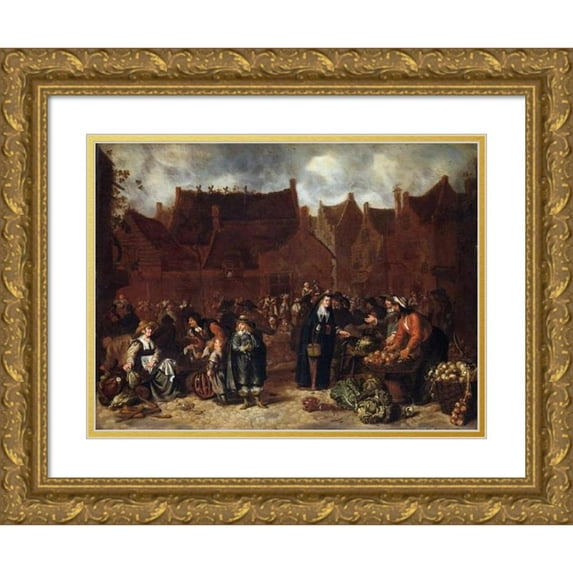 Sybrand van Beest 24x19 Gold Ornate Framed and Double Matted Museum Art Print Titled - Vegetable Market (1646)