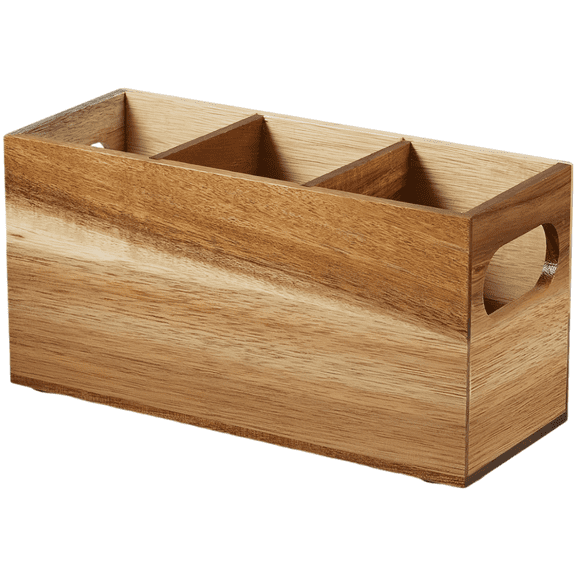 Sycamore Wood Utensil Holder, Wooden Silverware Caddy with Removable Dividers, 3 Compartment Desktop Storage Box for Kitchen Tabletop, Dining Organizer and Home Decor, Easy Carry Handle