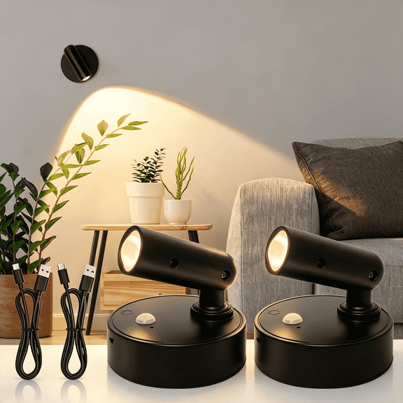 Sycees 2 pack Rechargeable LED Picture Light, Motion Sensor 3 Color Dimmable, 350° Rotatable Magnetic Spotlight for Cabinet Stairs Bedroom Art