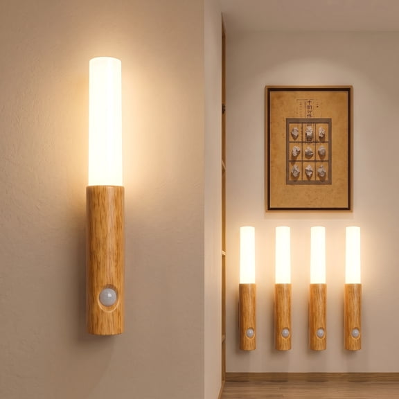 Sycees Motion Sensor Night Light 5 Pack, Wood Grain, Type C Rechargeable, Magnetic, 3 Color Temperatures, Dimmable