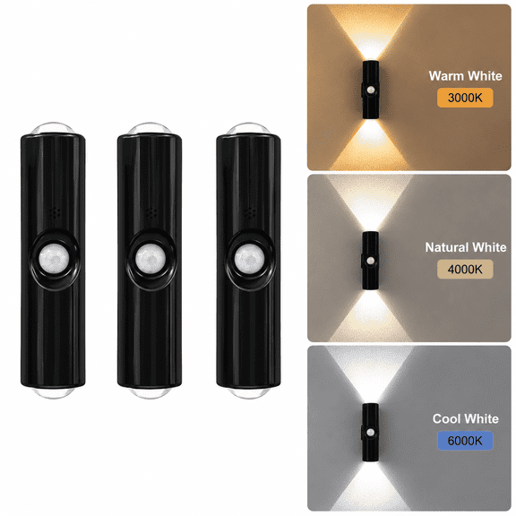 Sycees Cat-Eye Dual-Head Motion Sensor Night Light 3 Pack, Type-C Rechargeable, 3 Color Temp Stepless Dimming, Magnetic No-Drill Auto Induction Lamp
