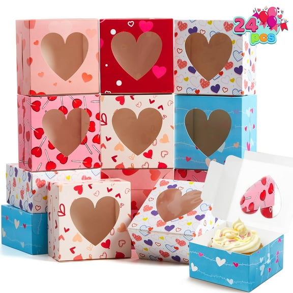 Sycfun 24 Pcs Valentine's Day Bakery Treat Boxes,Cookie Gable Boxes,Valentine Cupcake Boxes Heart Goody Bag for Valentine Classroom Party Favor Gift Exchange Gift Box