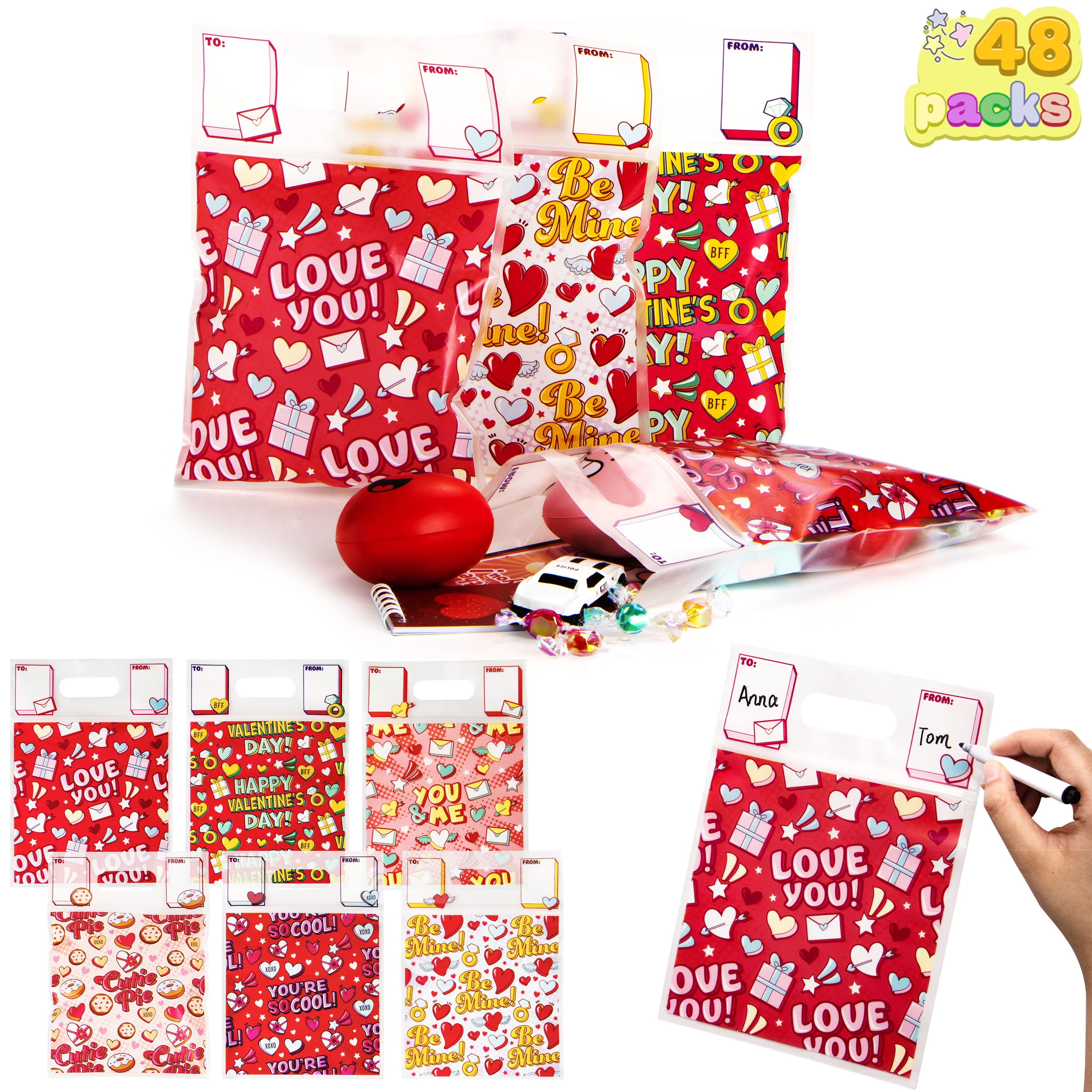 Sycfun 48-Pcs Valentine's Ziploc Plastic Candy Bags,
