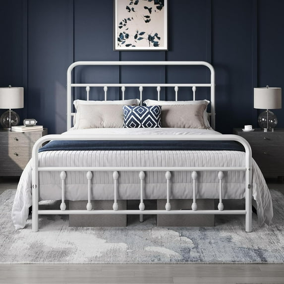 Sycol Classic Metal Platform Bed Frame Mattress Foundation with Victorian Style Iron-Art Headboard/Footboard/Under Bed Storage/No Box Spring Needed/Full Size White