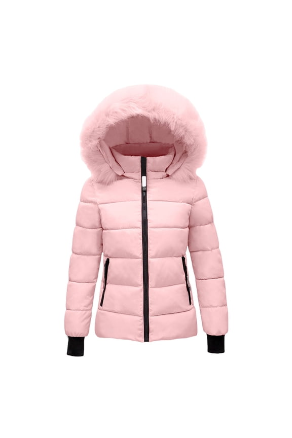 Sycwsmn Women's Hooded Warm Winter Coats Quilted Thicken Puffer Jacket with Faux Fur Hood Pink L