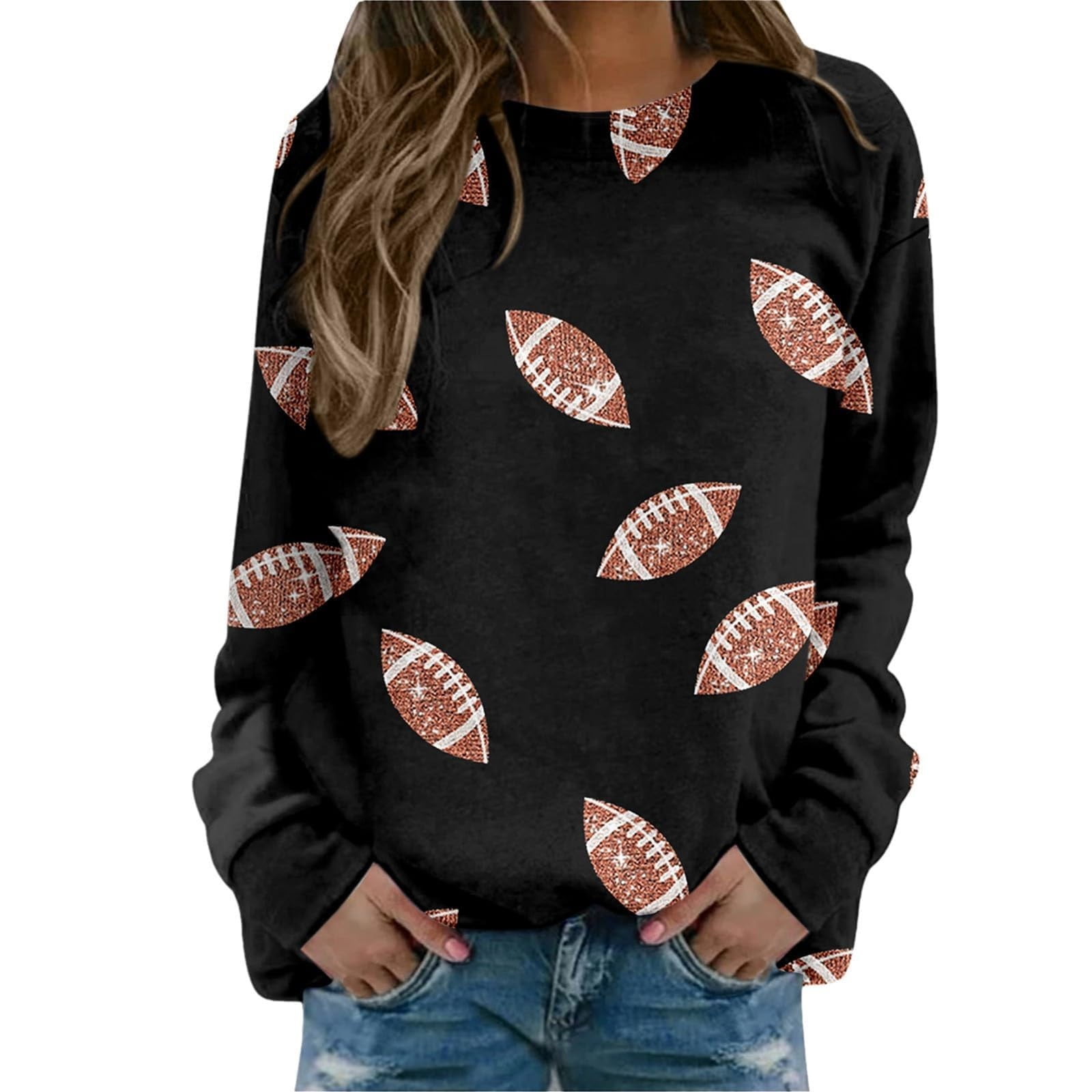 Womens Football Sequin Rugby Sweatshirt Long Sleeve Crewneck Fleece Pullover Tops Black L