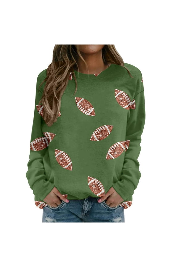 Sycwsmn Womens Football Sequin Rugby Sweatshirt Long Sleeve Crewneck Fleece Pullover Tops Green L