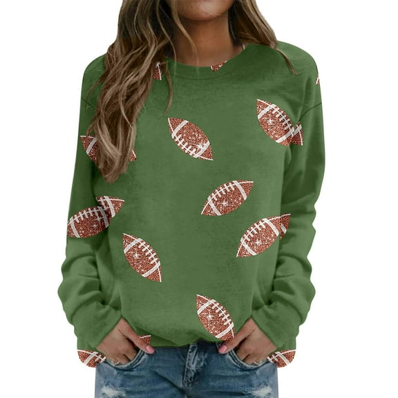 Sycwsmn Womens Football Sequin Rugby Sweatshirt Long Sleeve Crewneck Fleece Pullover Tops Green L