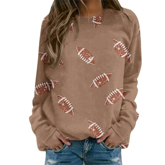 Sycwsmn Womens Football Sequin Rugby Sweatshirt Long Sleeve Crewneck Fleece Pullover Tops Khaki S