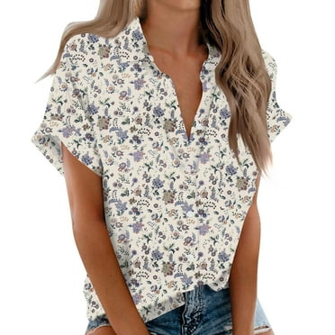 Sycwsmn Womens Short Sleeve Blouses Shirts For Women Cotton Womens Short Sleeve Shirts V Neck Collared Button Down Blouse Tops Camp Shirt S 6XL