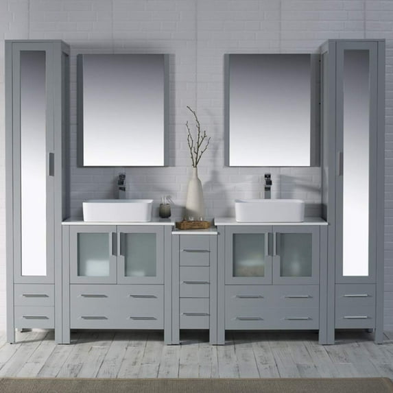 Sydney 102" w/ Vessel Sinks and Mirror Linen Cabinet (Metal Grey)