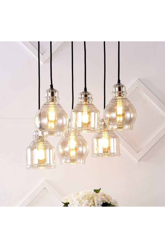 Sydney 18.88" 6-Light Bohemian Farmhouse Iron/Glass Cluster LED Pendant, Nickel/Champagne