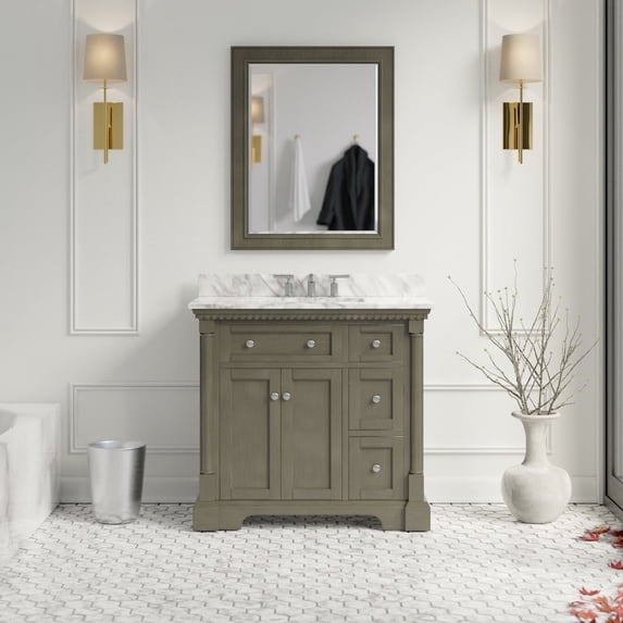 Sydney 36" Bathroom Vanity with Weathered Gray Cabinet and Carrara Marble Top
