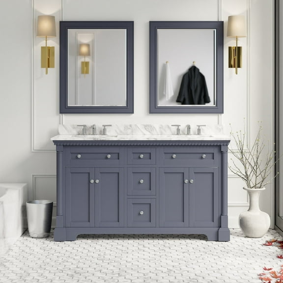 Sydney 60" Double Bathroom Vanity with Marine Gray Cabinet and Carrara Marble Top