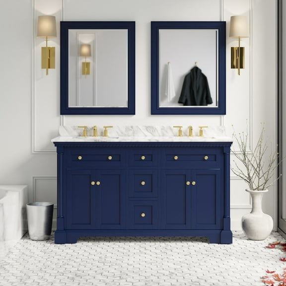 Sydney 60" Double Bathroom Vanity with Royal Blue Cabinet and Carrara Marble Top