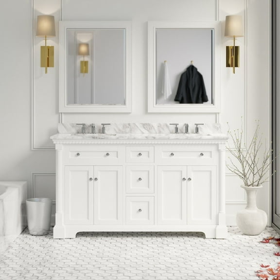 Sydney 60" Double Bathroom Vanity with White Cabinet and Carrara Marble Top