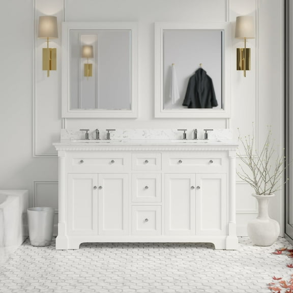 Sydney 60" Double Bathroom Vanity with White Cabinet and Engineered Marble Top