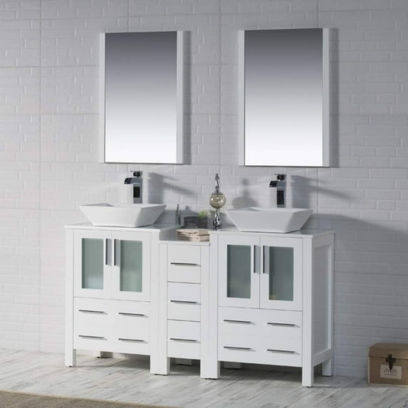 Sydney 60" Double w/ Vessel Sinks and Mirrors (Glossy White)