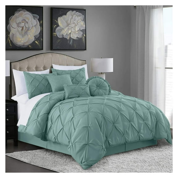 Sydney 7-Piece Pinch Pleat Pintuck Bedding Comforter Set (King, Spa Blue)
