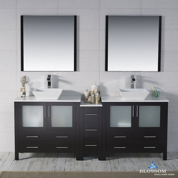 Blossom 84 Inch Espresso Bathroom Vanity with Double Vessel Sinks and Mirrors