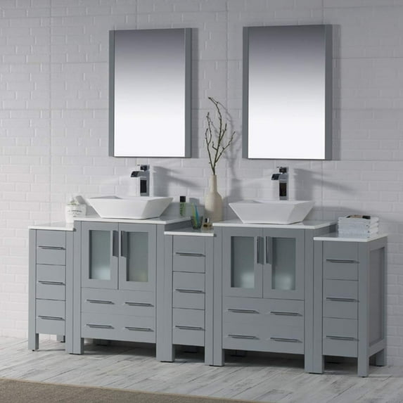 Blossom 84 Inch Bathroom Vanity with Double Vessel Sink and Triple Side Cabinets (Metal Grey)