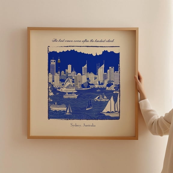 Sydney Australia Blue Opera House Cityscape Artwork, Unframed Canvas 8x10in