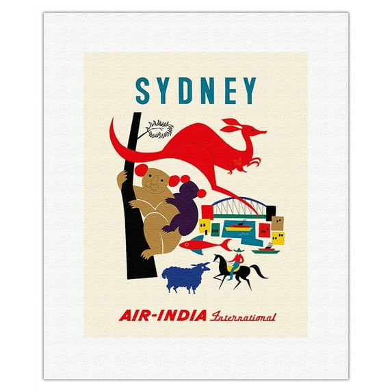 Sydney Australia - Koala Bears Kangaroo Harbor - Air India International - Vintage Airline Travel Poster by S. V. Waghulkar c.1959 - Fine Art Rolled Canvas Print 11in x 14in