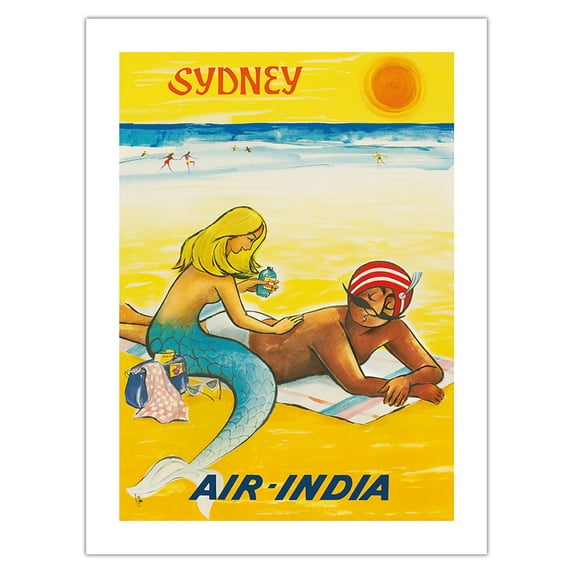 Sydney Australia - Sun Tanning Mermaid with The Maharajah Air India - Vintage Airline Travel Poster by Umesh Rao c.1964 - Bamboo Fine Art 290gsm Paper Print (Unframed) 18x24in