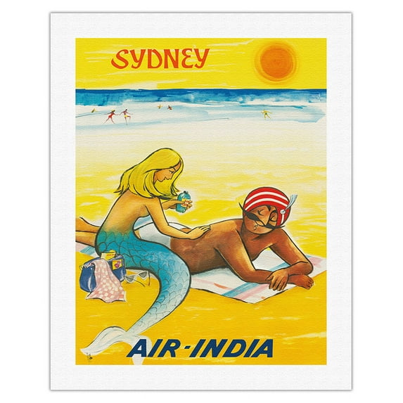 Sydney Australia - Sun Tanning Mermaid with The Maharajah Air India - Vintage Airline Travel Poster by Umesh Rao c.1964 - Fine Art Rolled Canvas Print 20in x 26in