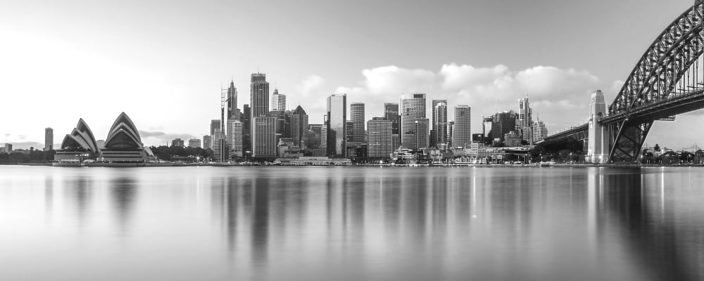 Sydney Harbour Bridge and skylines at dusk Sydney New South Wales Australia Canvas Art - Panoramic Images (12 x 30)