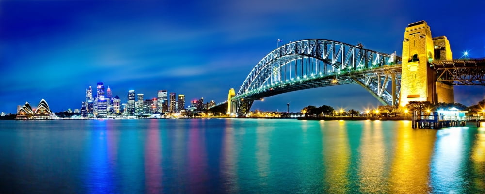 Sydney Harbour Bridge and skylines at night Sydney New South Wales Australia Canvas Art - Panoramic Images (6 x 15)