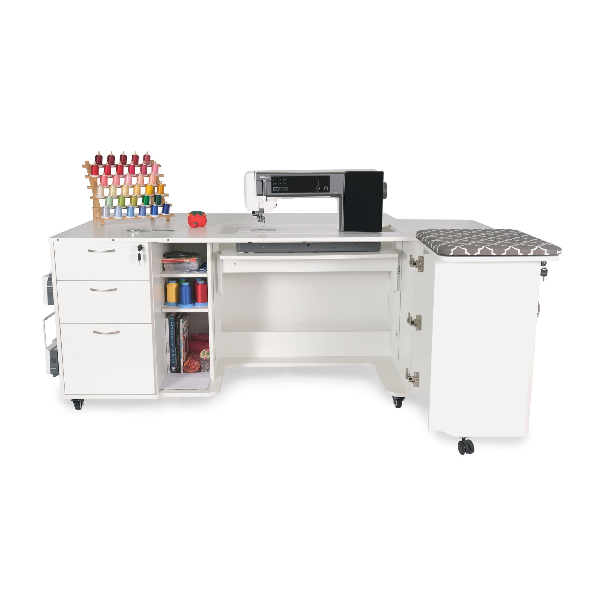 Sydney XL White Wood Hydraulic Sewing Cabinet with Drawers