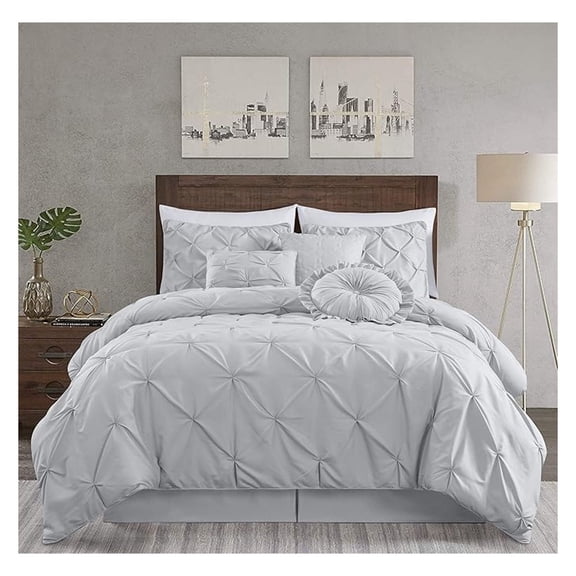 Sydney King Size Comforter Set - 7-Piece Pintuck Bedding - Light Gray, Lightweight Pinch Pleat Comforter with Decorative Pillows Bed Set for All Season