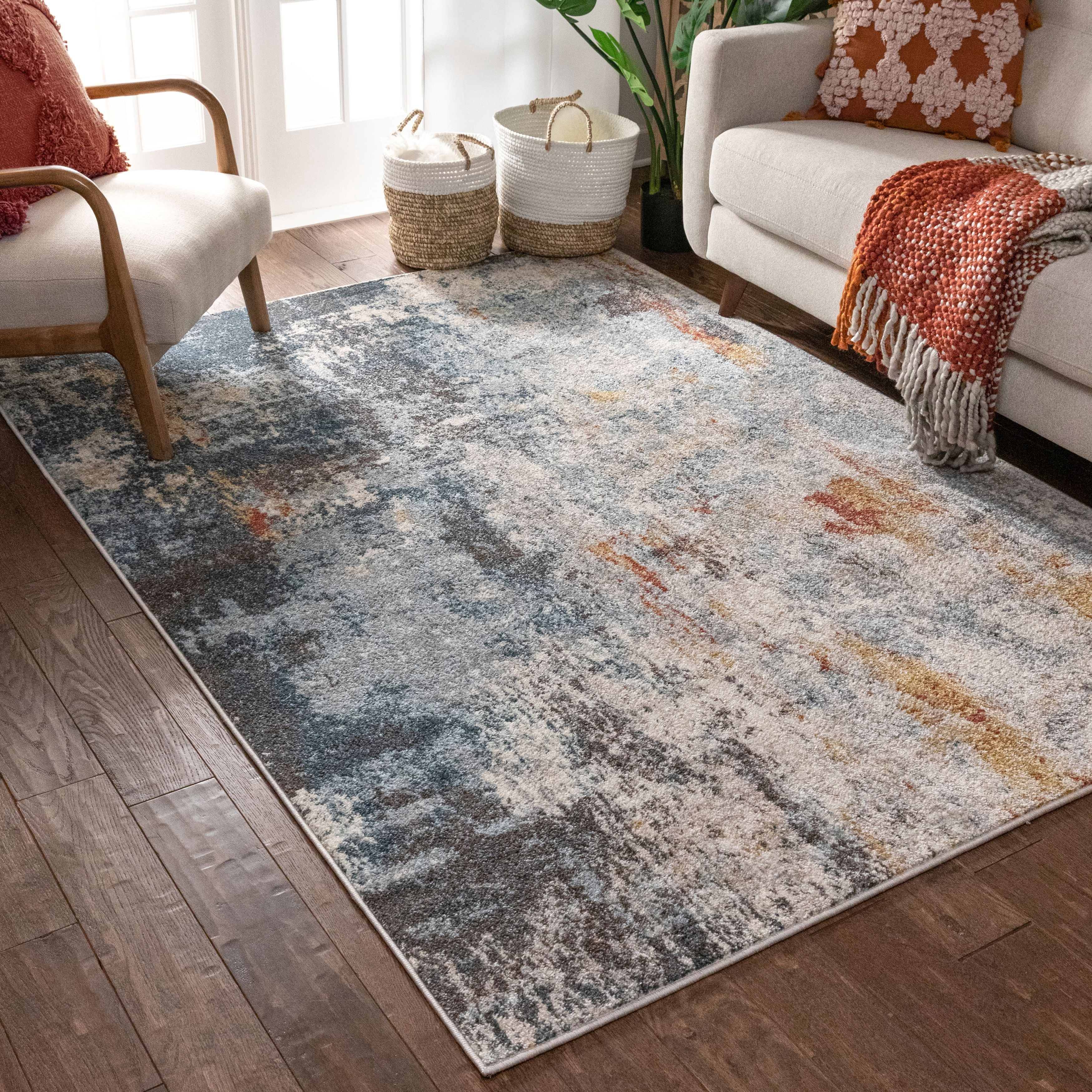 Sydney Nadine Blue Modern Abstract Distressed 5'3" x 7'3" Area Rug