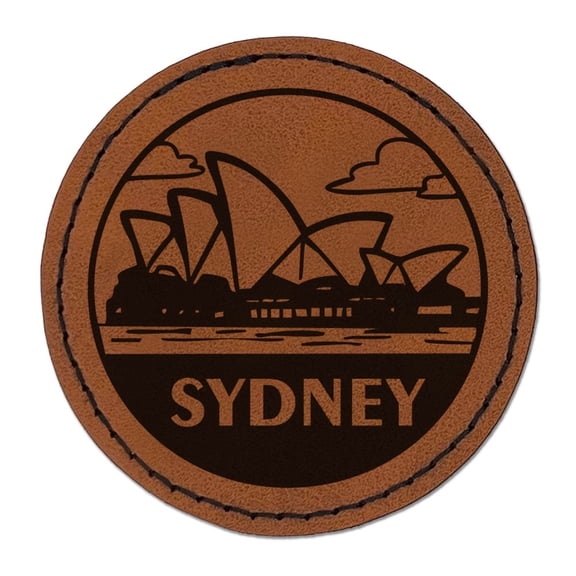 Sydney Opera House Australia Landmark Destination Circle Round Iron-On Engraved Faux Leather Patch Applique - 2.5 Inch - Brown