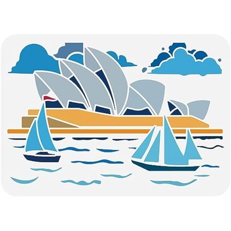 Sydney Opera Stencil 8.3x11.7inch Australian Landmark Sydney Opera Pattern Painting Template Architecture Theme House Boats Sea Clouds Stencil for Painting on Wood Wall Fabric Furniture