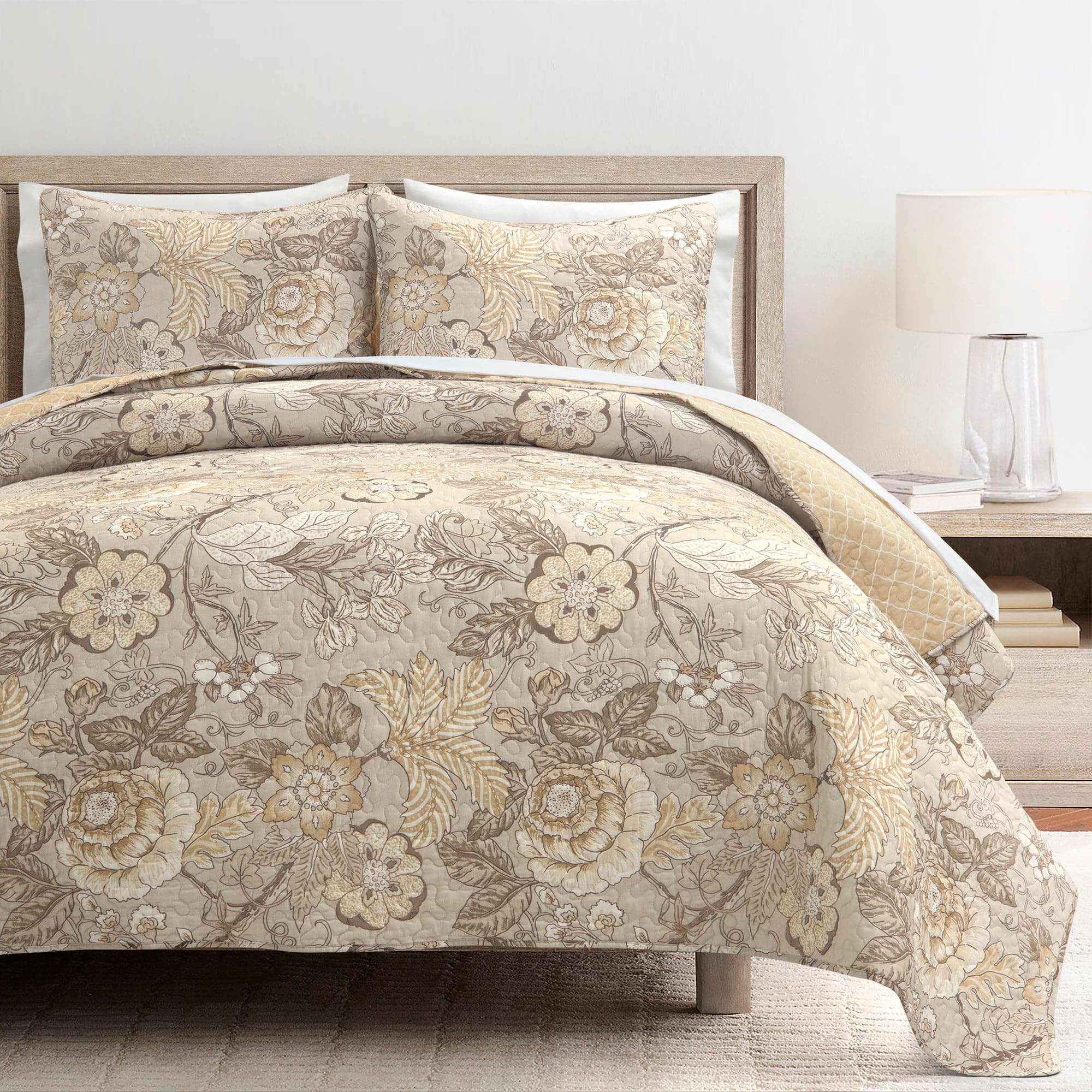 Sydney Neutral Reversible Cotton Floral Full/Queen Quilt Set