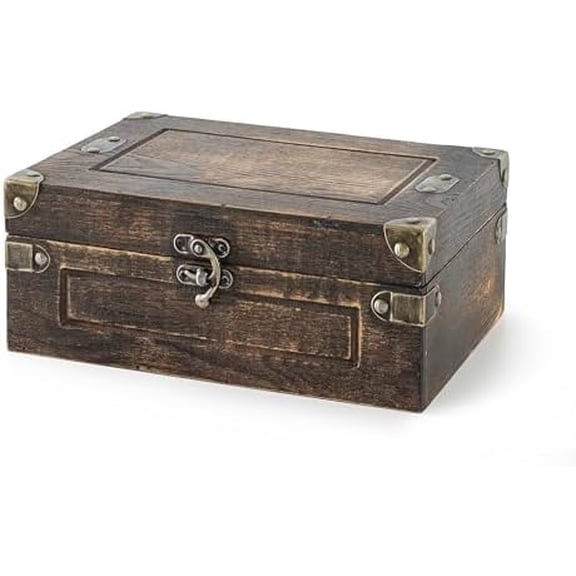 Sydney Wooden Storage Box with Hinged Lid and Antique Hardware - 11" x 7.8" x 4.3", Wood Keepsake and Memory Chest for Men, Masculine Decorative Treasure Trunk for Photos and Mementos